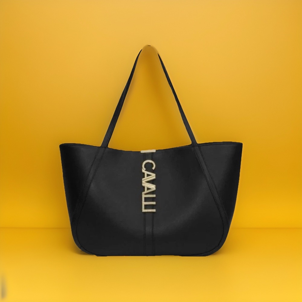 NWT Cavalli Class Large Sandra Shopper Tote Bag Gold / Black‎ Vegan Leather $118